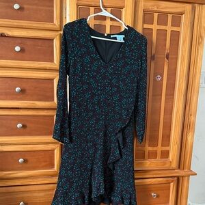 Draper James Black Long-Sleeve V-Neck Floral Ruffle Dress